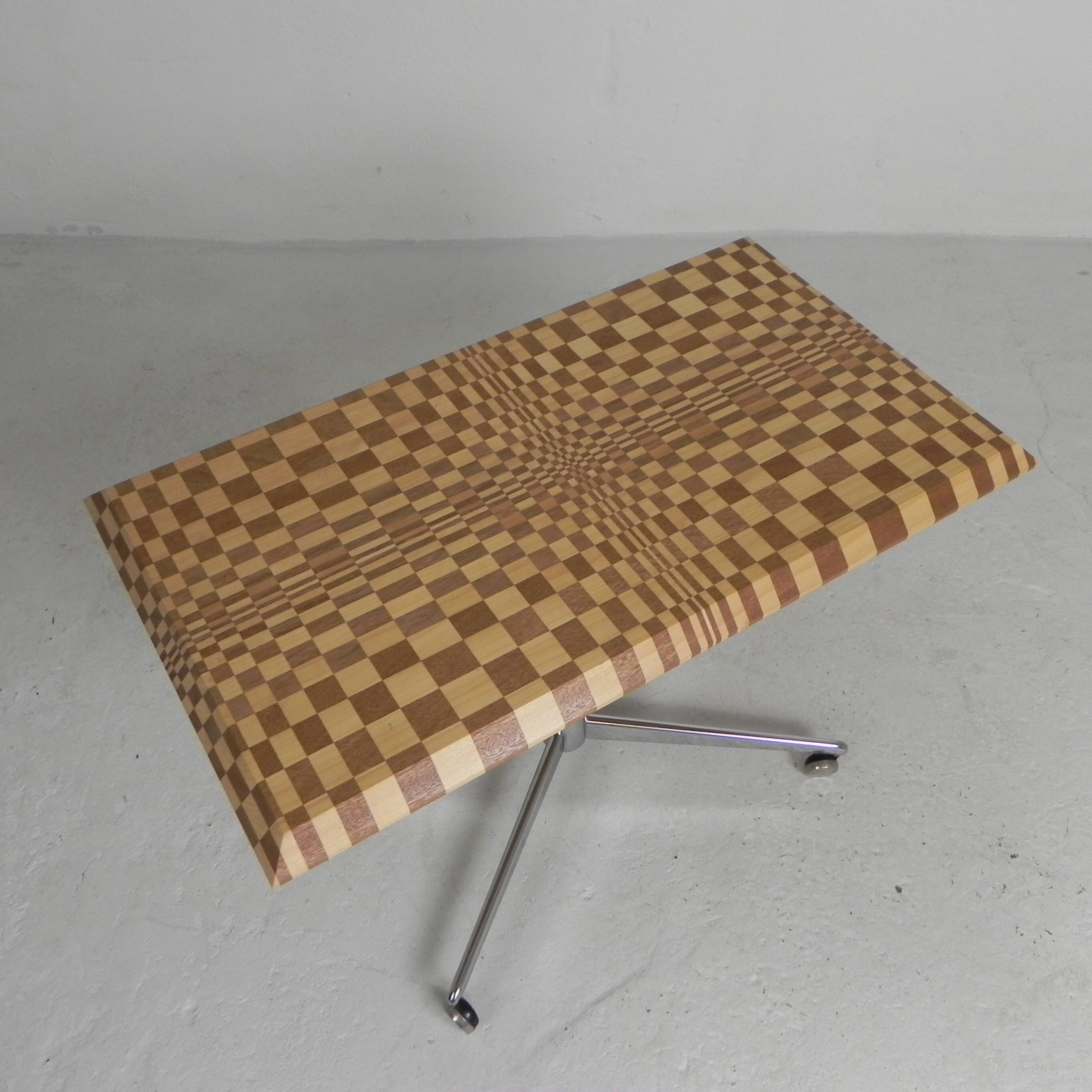Coffee table made from hundreds of wooden blocks in a psychedelic pattern, 1990s.