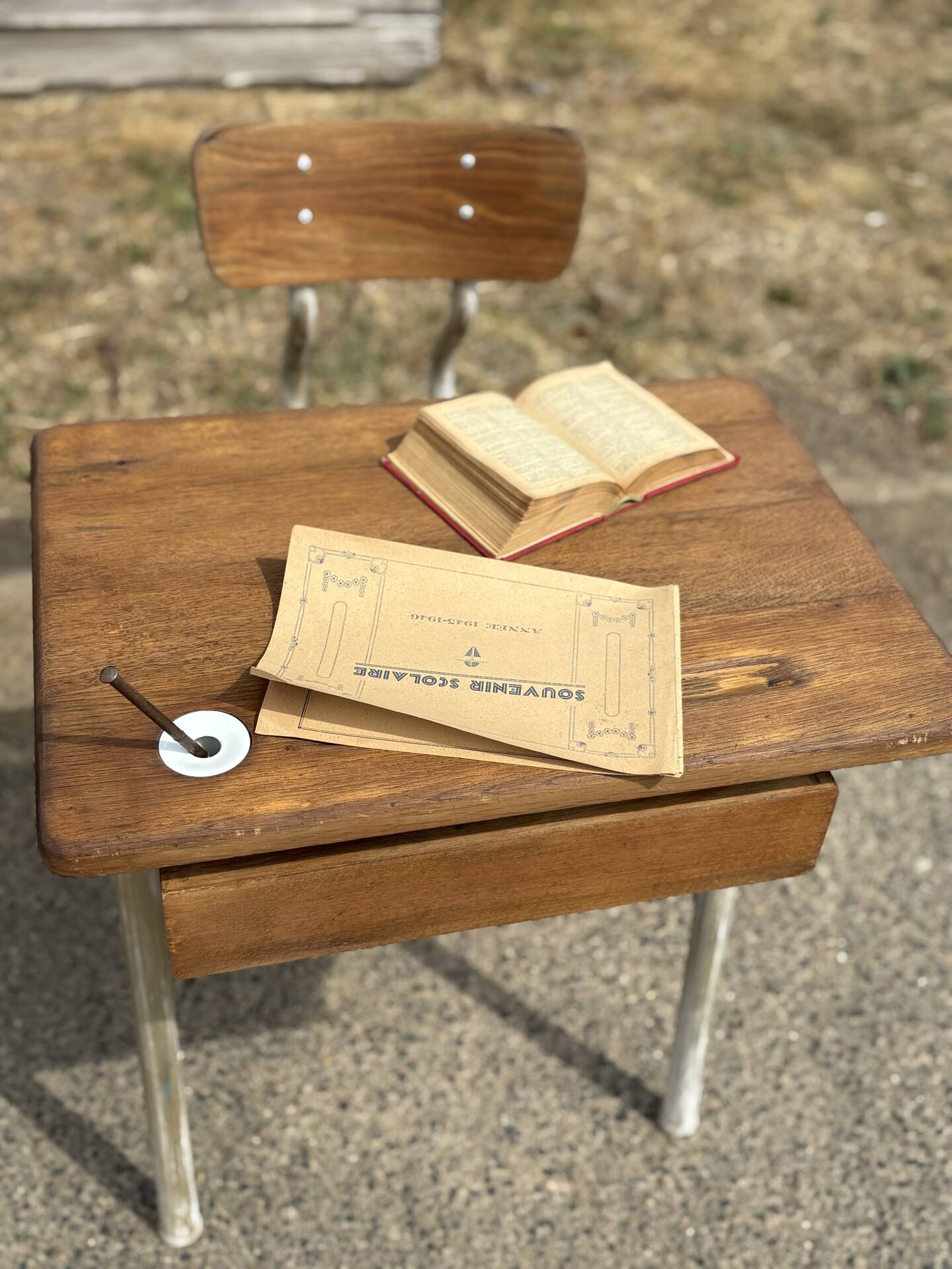 Renovated antique desk with inkwell