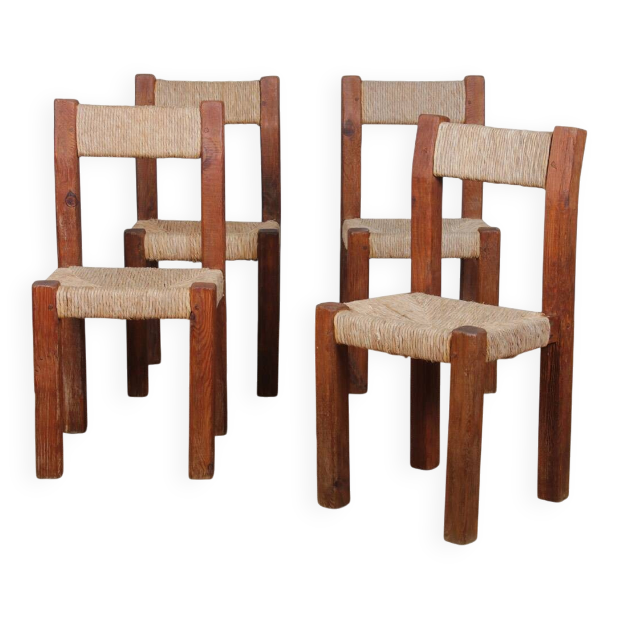 Set of 4 straw-seated wooden chairs, 1950.