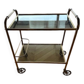 Table roulante vintage chromé 2 plateaux en verre fumé