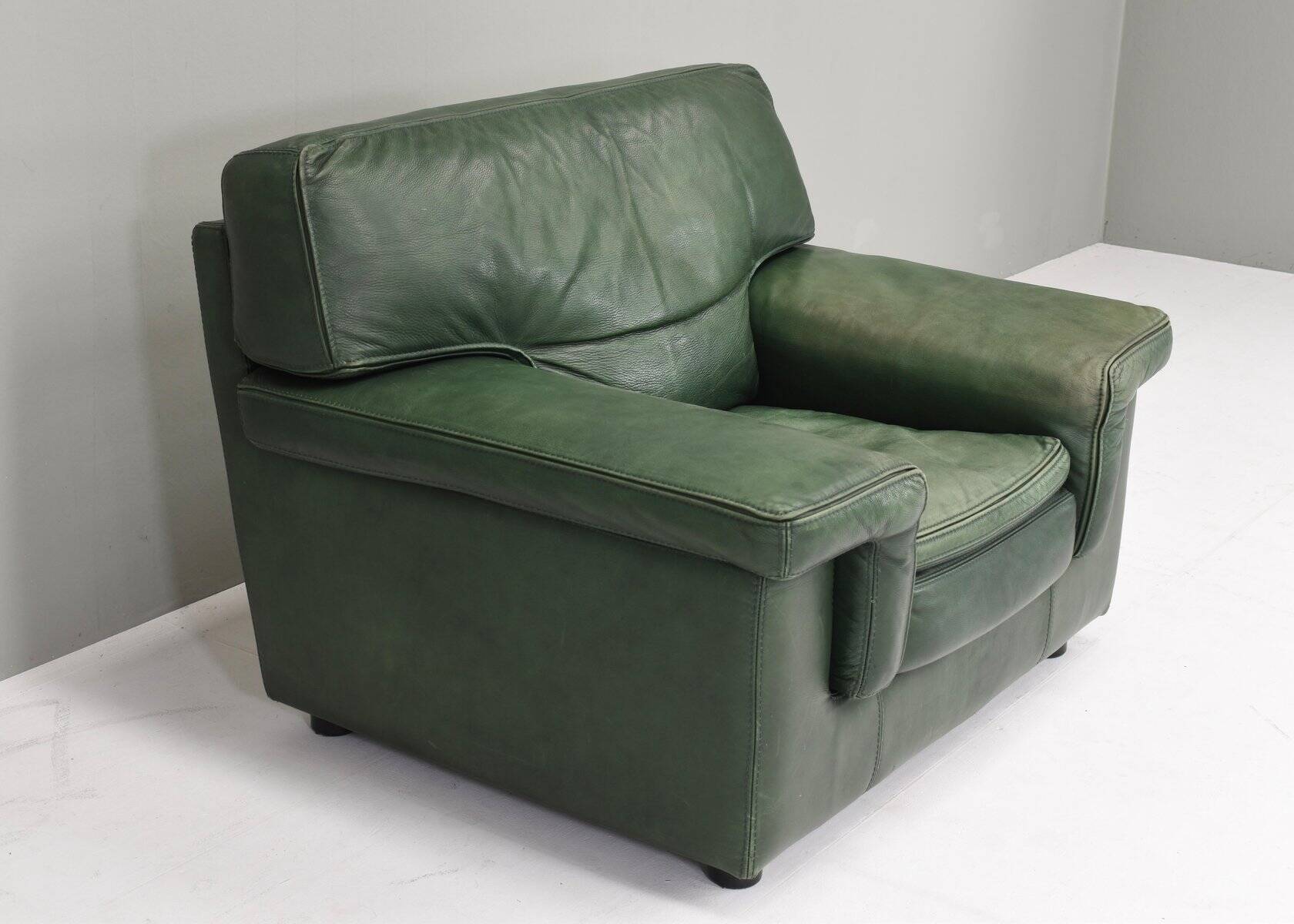 Roche Bobois lounge armchair in original green patinated leather, 1970