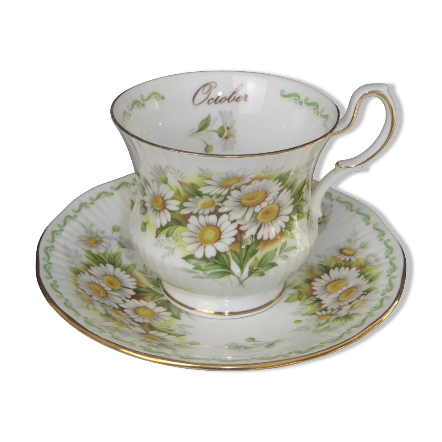 Tasse à thé & soucoupe porcelaine anglaise Queen's China-Octobre décor de daisy