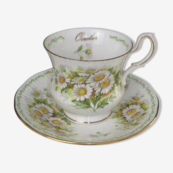 Tasse à thé & soucoupe porcelaine anglaise Queen's China-Octobre décor de daisy