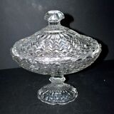 Large oval bonbonnière/dragee dish in molded crystal with diamond and pearl decoration, circa 1900