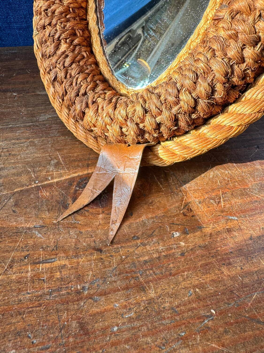 Vintage Audoux-Minet mirror. 1950s. Rope/hemp/leather
