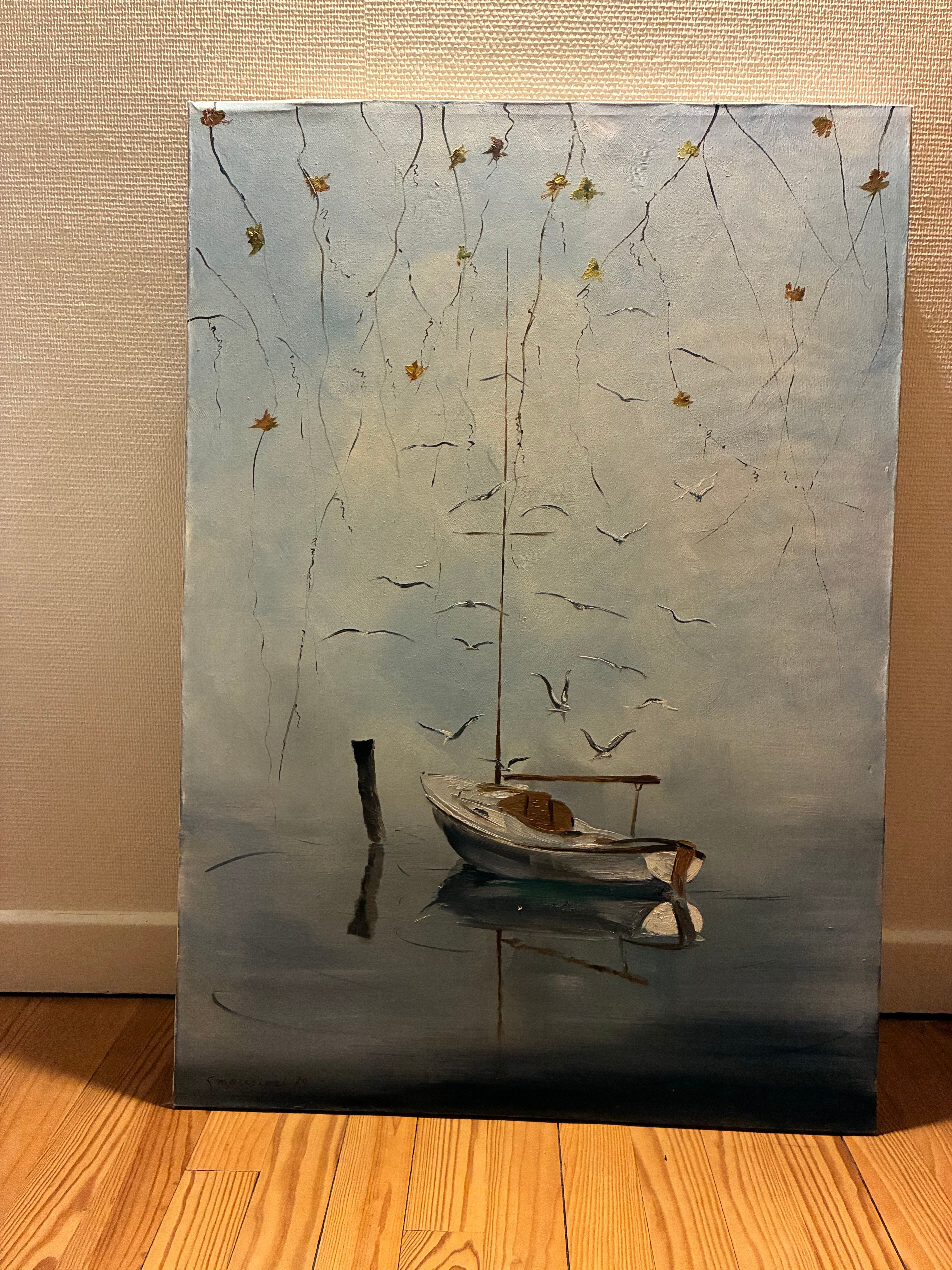 Painted canvas "Boat on the lake" E. Marchiori
