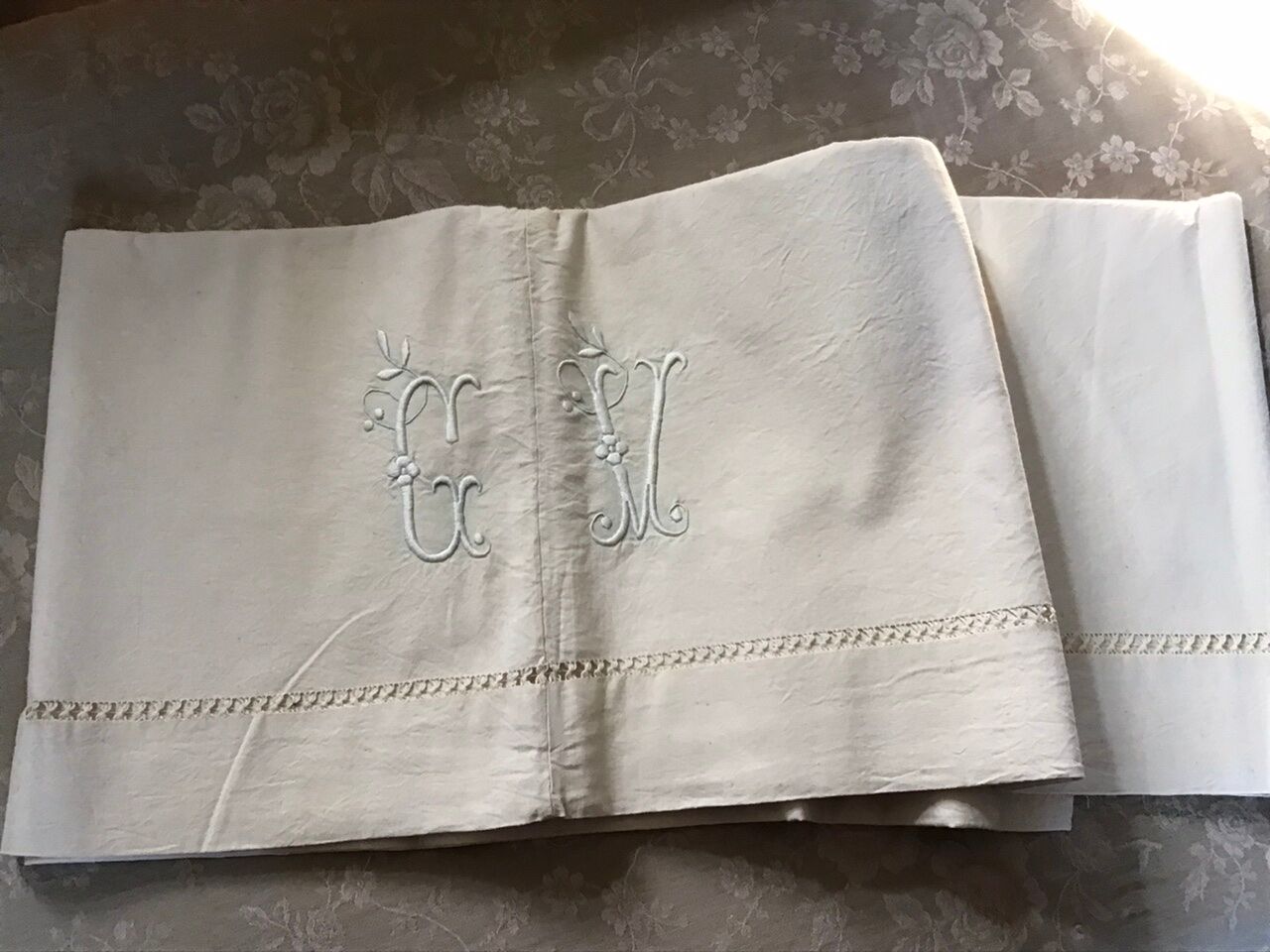 Pair of antique sheets marked "CV"
