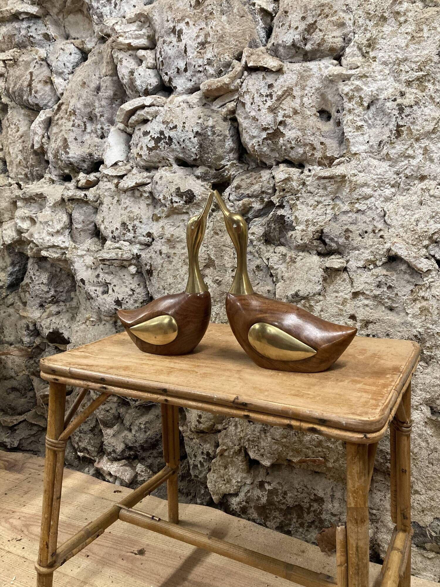 Pair of duck or swan in wood and brass sculpture