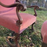 Armchair Voltaire or shepherdess and foot rest in pink velvet Louis XVI