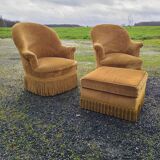 Set of toad armchairs and vintage yellow ottoman