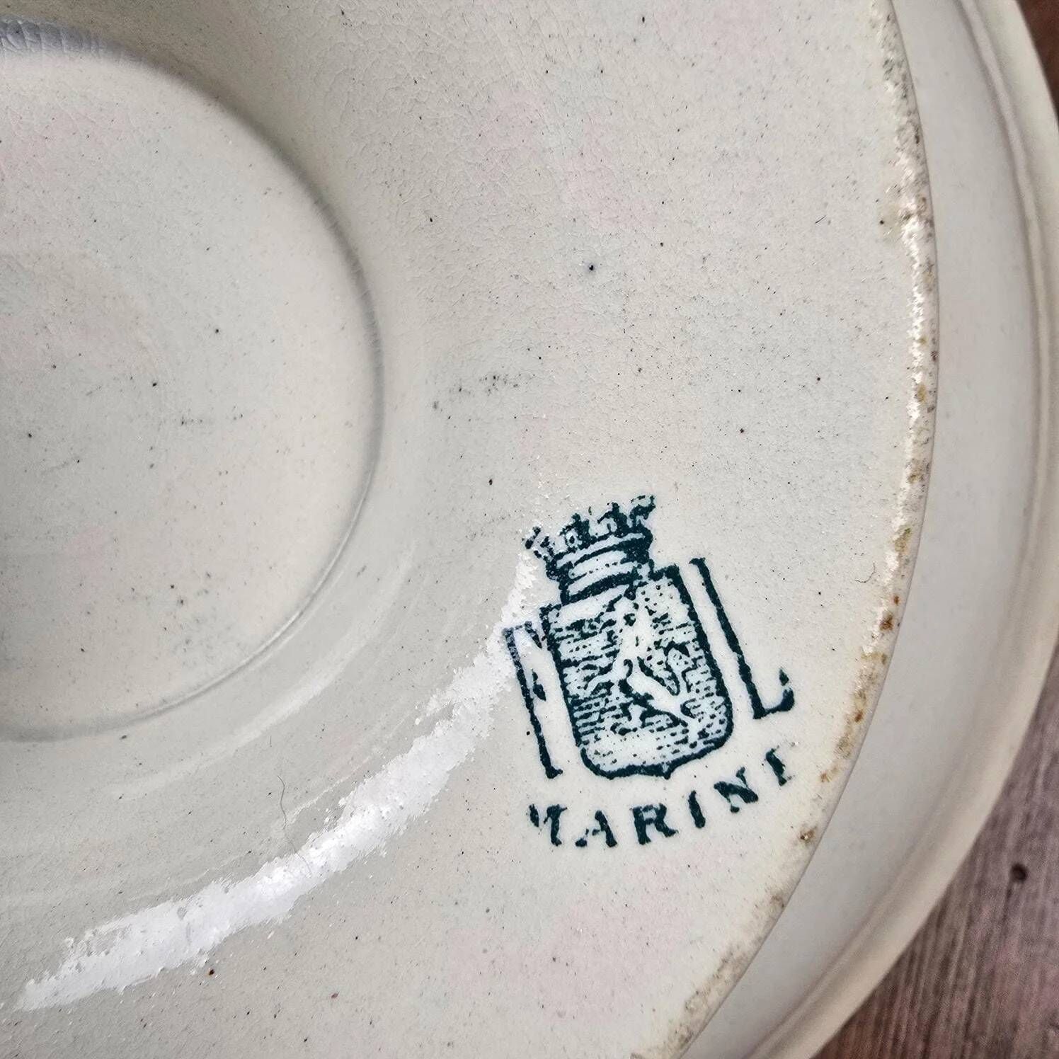 Antique compote dish Faïencerie de Lyon Marine, ironstone with blue-green decoration, 19th century.