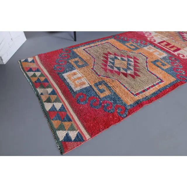Vintage Turkish Hand-Knotted Wool Cotton Pink Runner Rug 94x358