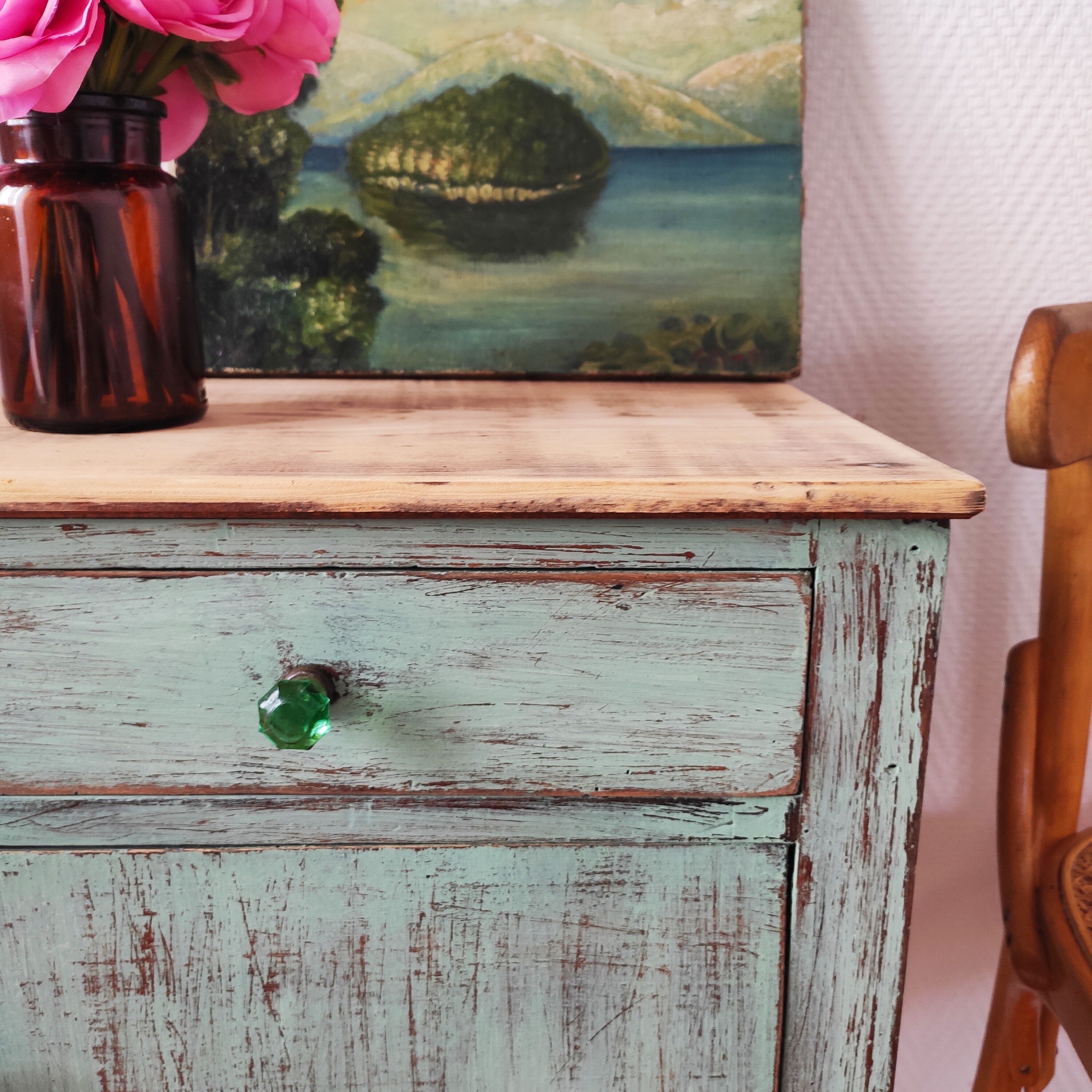 Patinated bedside table end of sofa