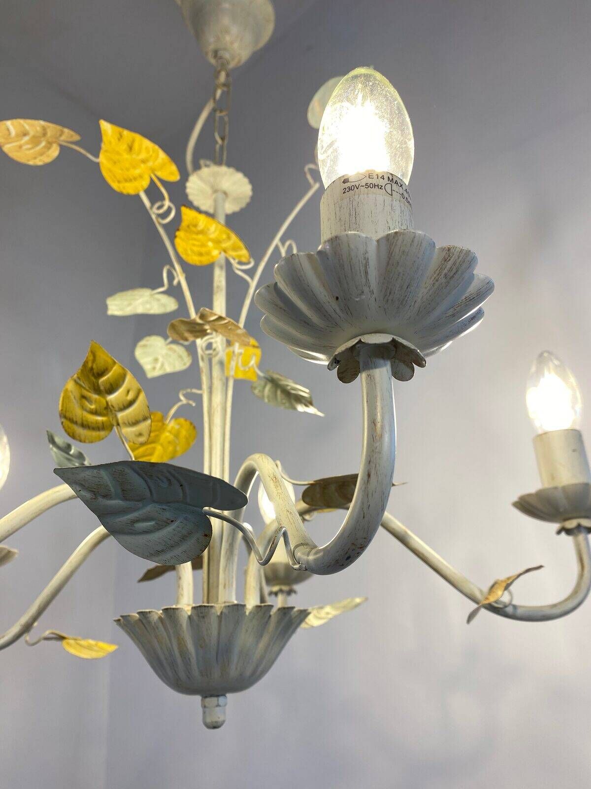 Vintage painted metal chandelier, foliage and flowers, 5 lights.