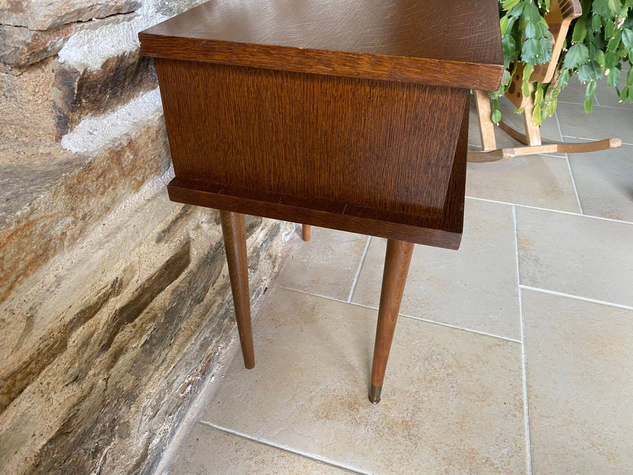 60s bedside table varnished wood compass feet