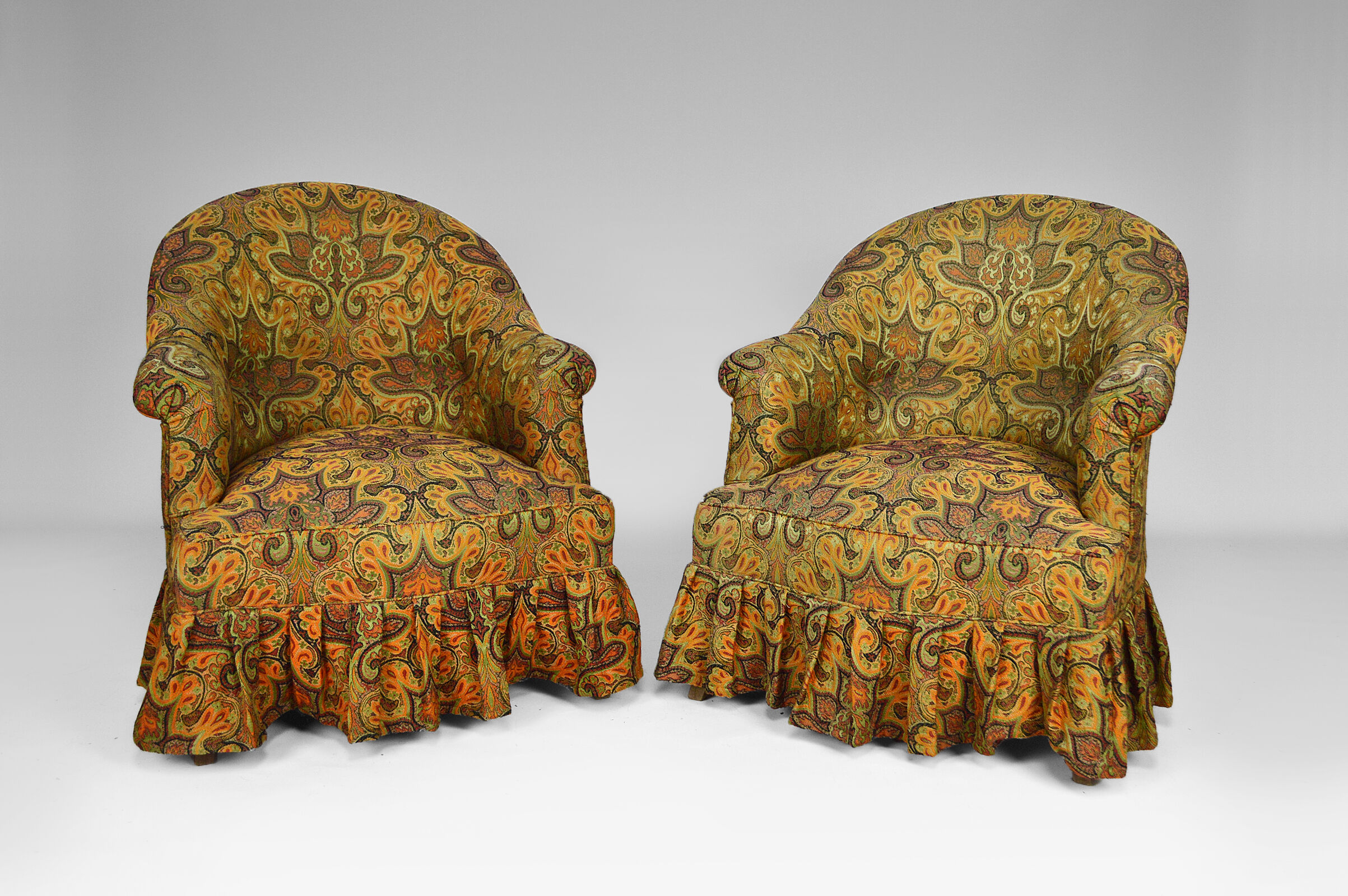 Pair of toad chairs, paisley fabric
