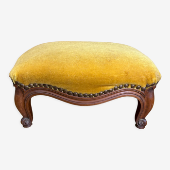 Ancien repose pied bois tissu velours ocre tabouret style Louis XV vintage
