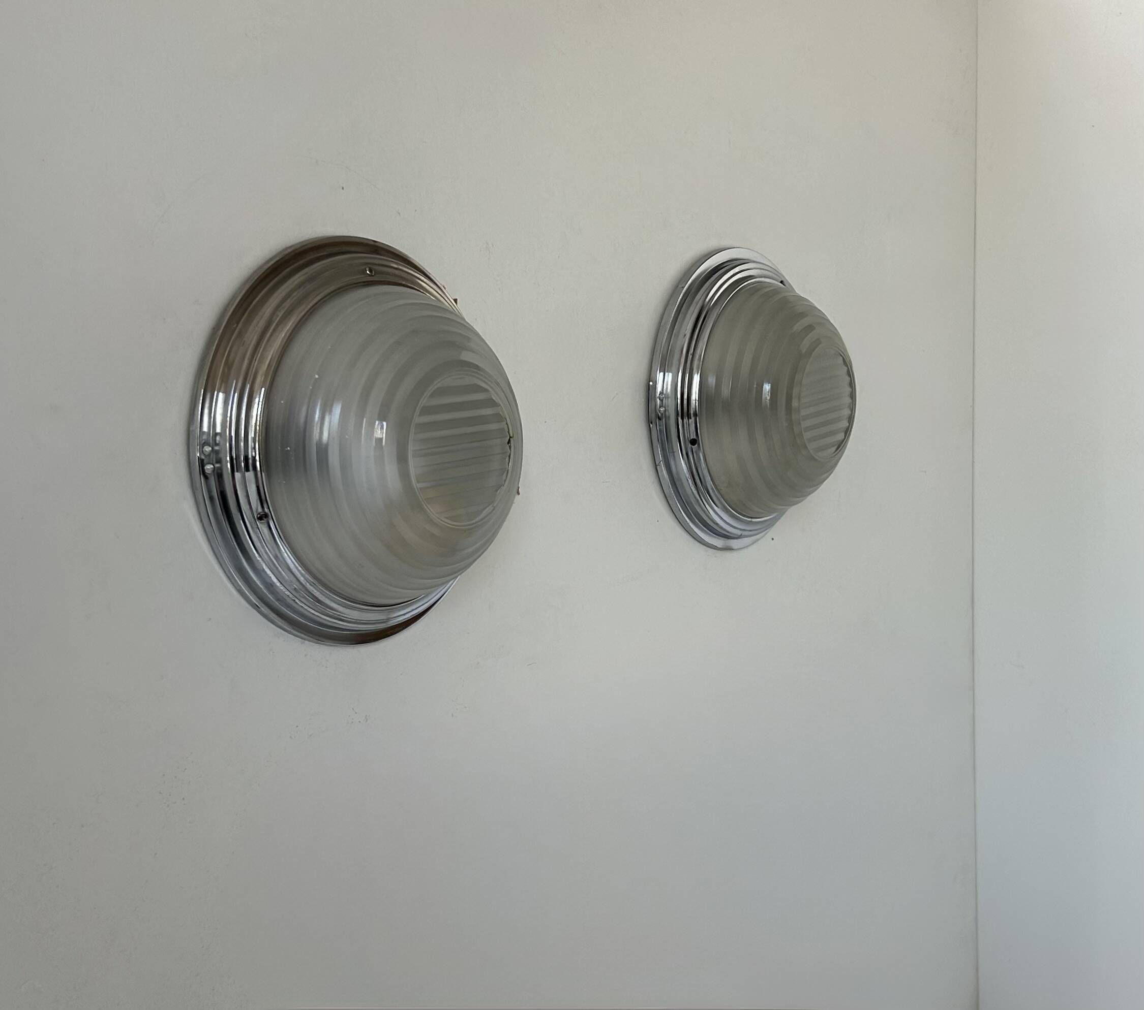 Pair of vintage wall lights, chrome and pressed sandblasted glass, France 1930