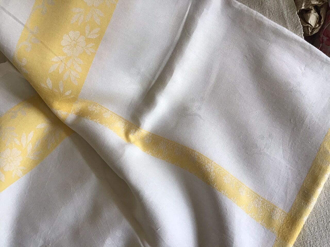 Large yellow and white vintage tablecloth