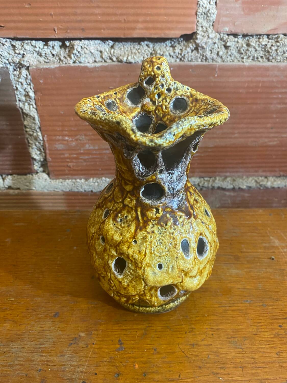 Antique pitcher cyclops enamels honey yellow vallauris fat lava vintage