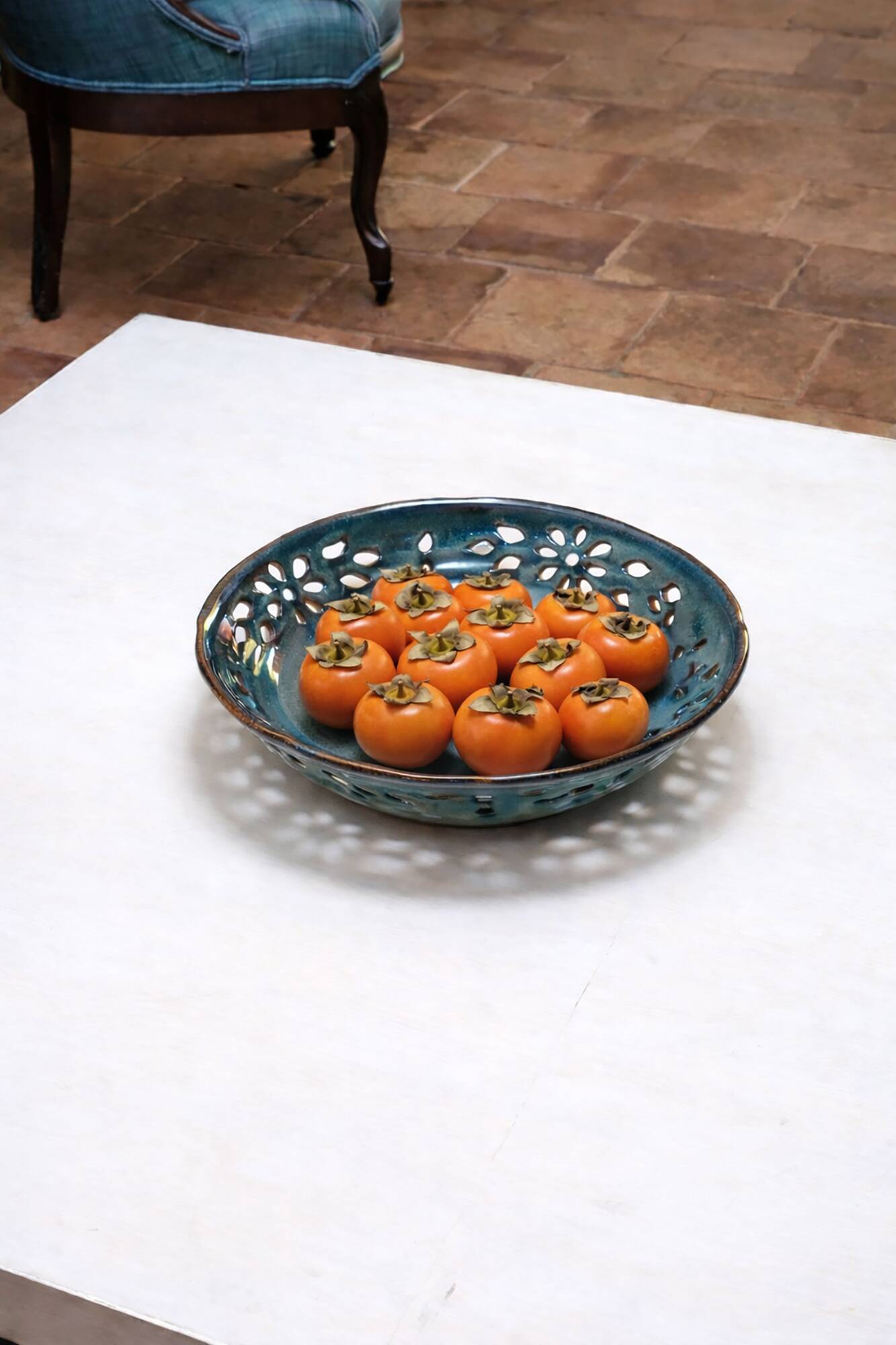 Very large handcrafted openwork stoneware dish Ø 36 cm – Turquoise blue glaze