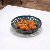 Very large handcrafted openwork stoneware dish Ø 36 cm – Turquoise blue glaze