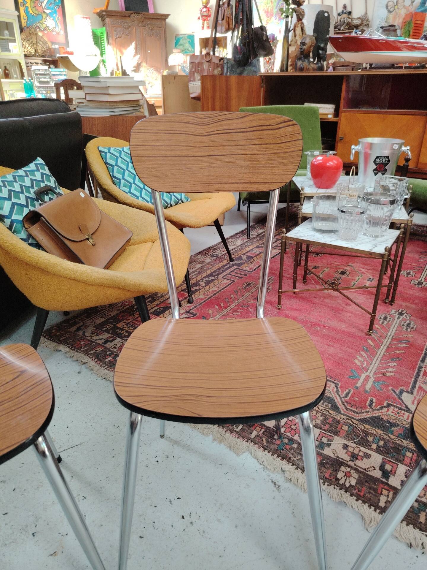 Set of 4 chairs in wood-effect Formica and chrome metal - 1970