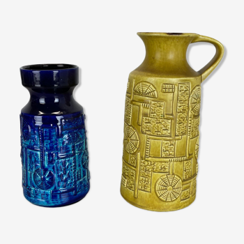 Ensemble de 2 vases multicolores en poterie Fat Lava Op Art par Bay Ceramics Allemagne, années 1970