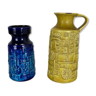 Ensemble de 2 vases multicolores en poterie Fat Lava Op Art par Bay Ceramics Allemagne, années 1970