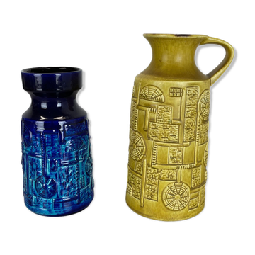 Set of 2 Multi-Color Fat Lava Op Art Pottery Vase by Bay Ceramics Germany, 1970s