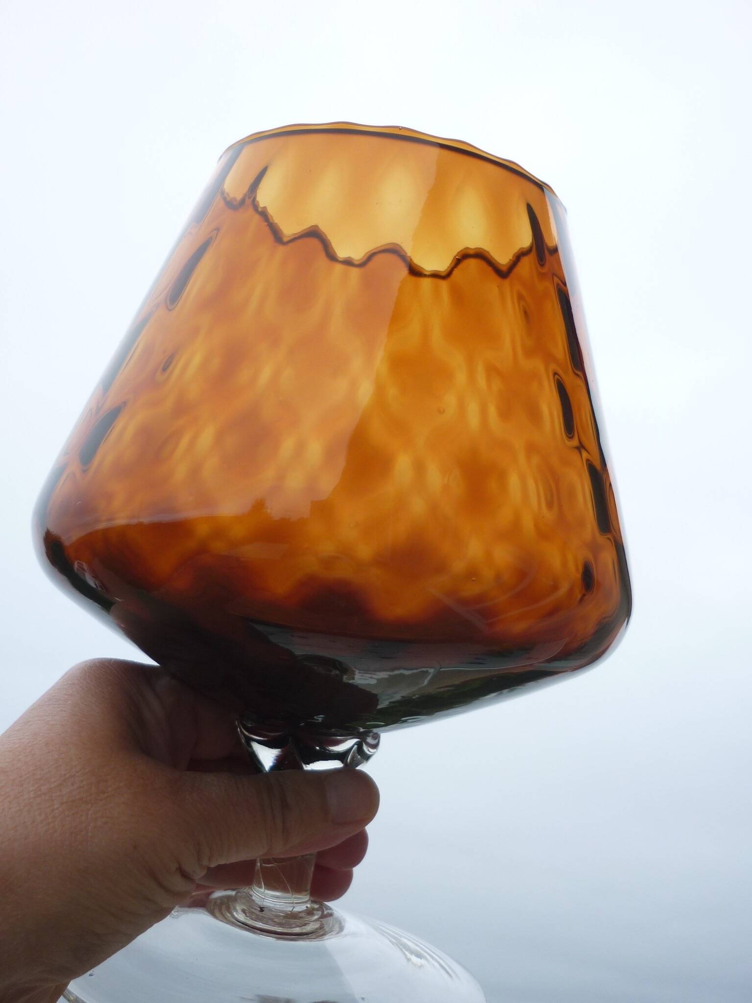 Vintage amber & clear glass footed vase