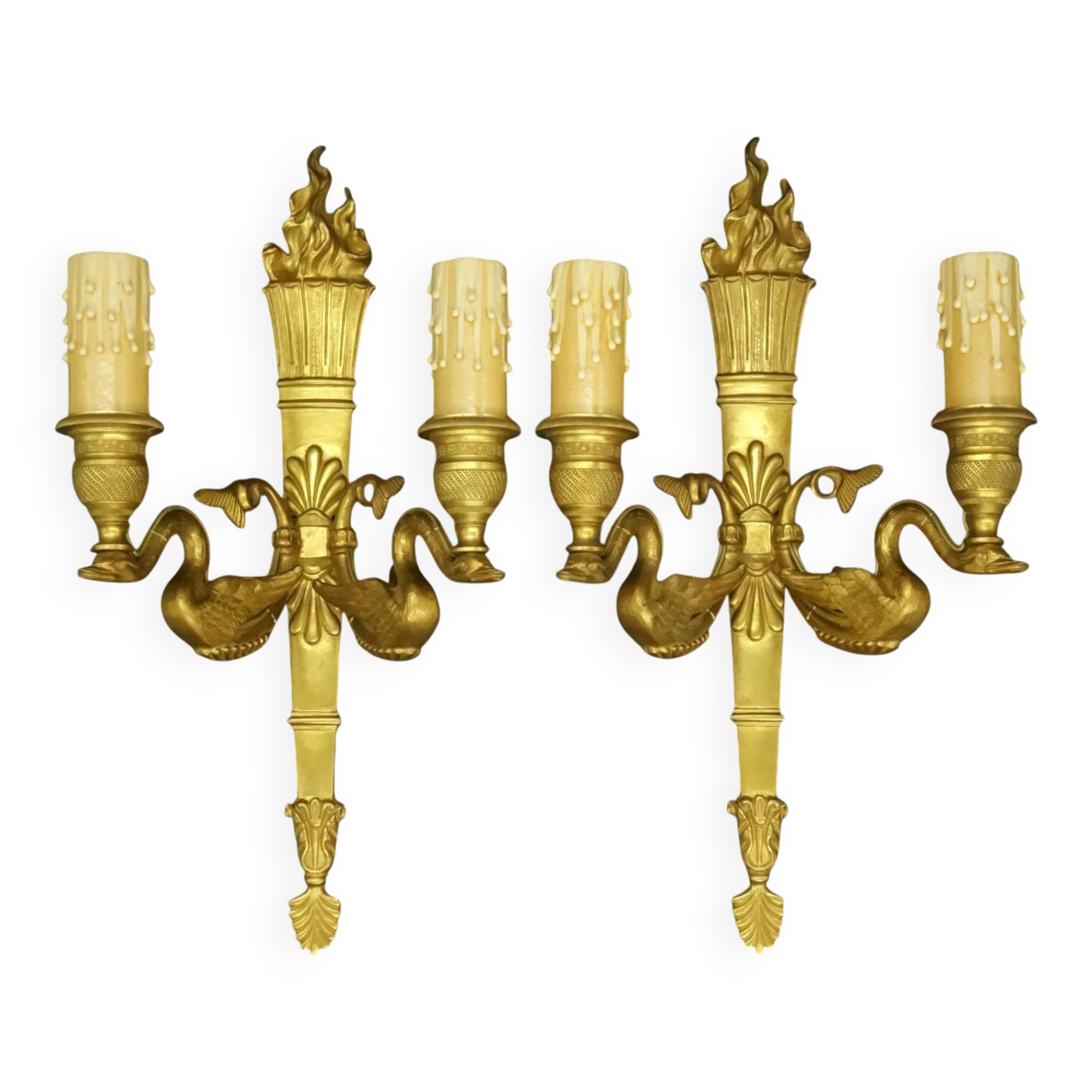 Pair of large Empire style wall lights, torch and swans - gilt bronze
