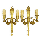 Pair of large Empire style wall lights, torch and swans - gilt bronze