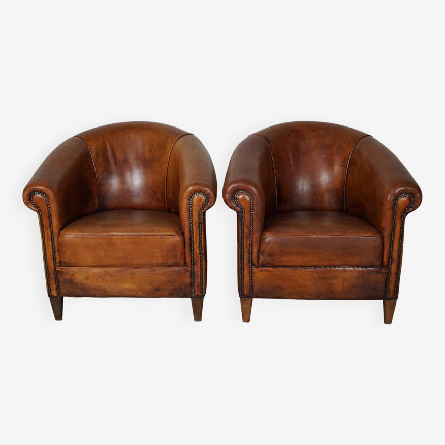 Vintage dutch cognac colored leather club chair, set of 2 | Selency