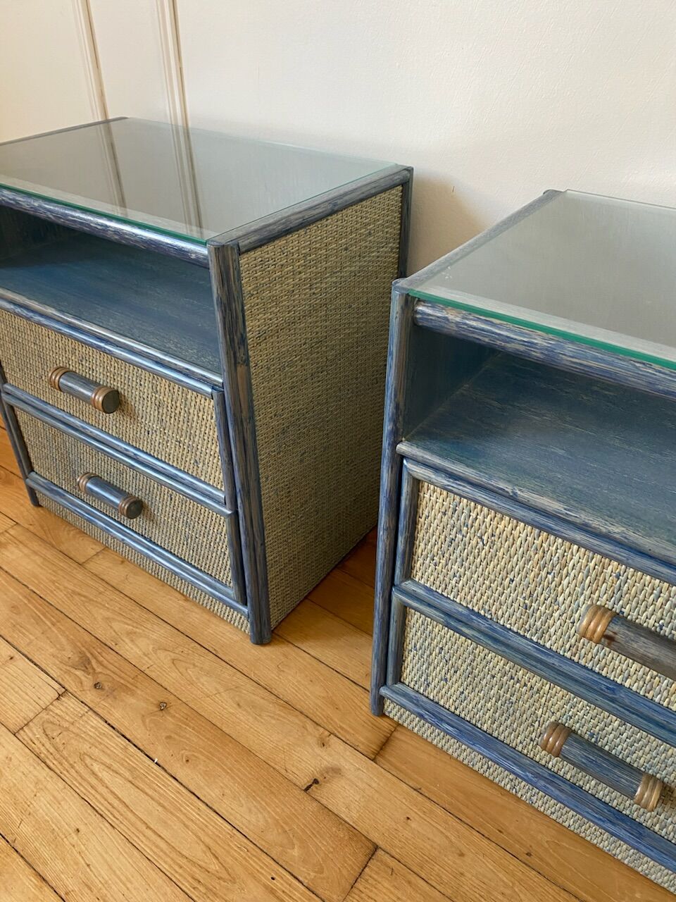 Pair of vintage rattan bedside tables