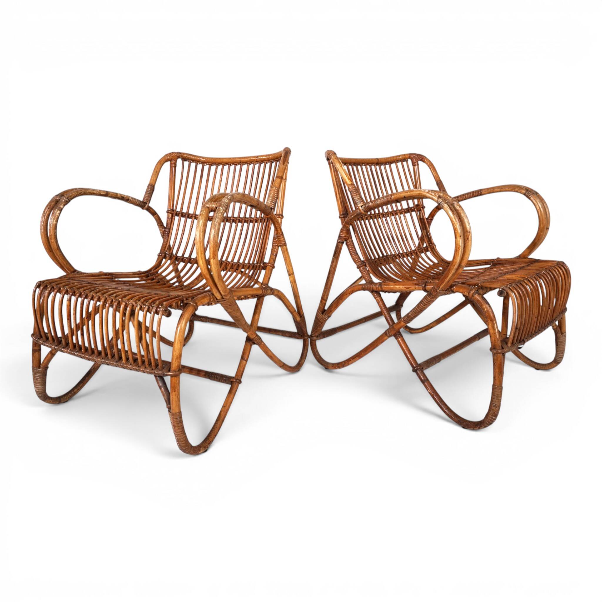 French Pair Vintage Rattan Bamboo Lounge Chairs, 1960