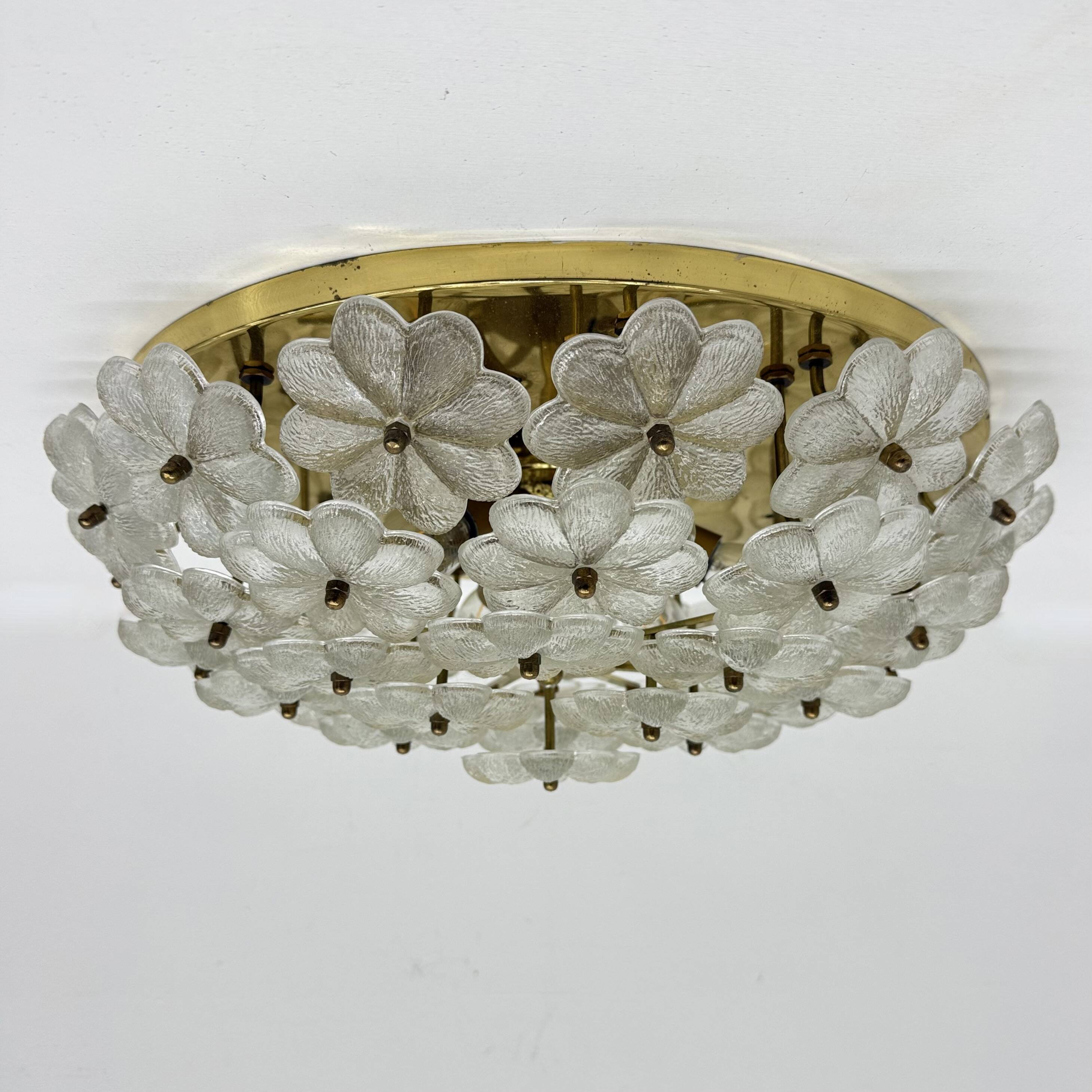 Large Floral Crystal Glass Flush Lamp by Ernst Palme , 1970s