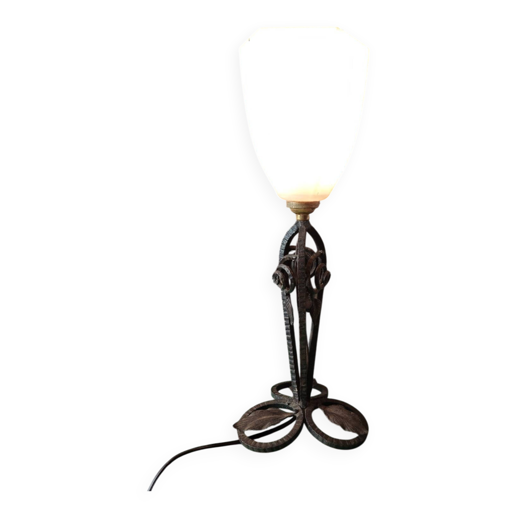 Hammered wrought iron lamp with white opaline Handmade craftsmanship