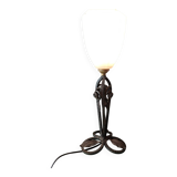 Hammered wrought iron lamp with white opaline Handmade craftsmanship