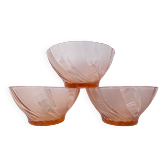 3 bols en verre rose Rosaline vintage