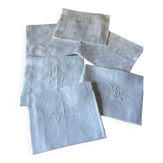 Set of 6 embroidered damask linen napkins