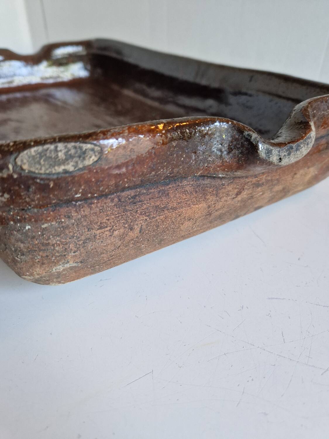 Ancien Plat À Jus Lechefrite 19e Terre Cuite Vernissée Art Populaire