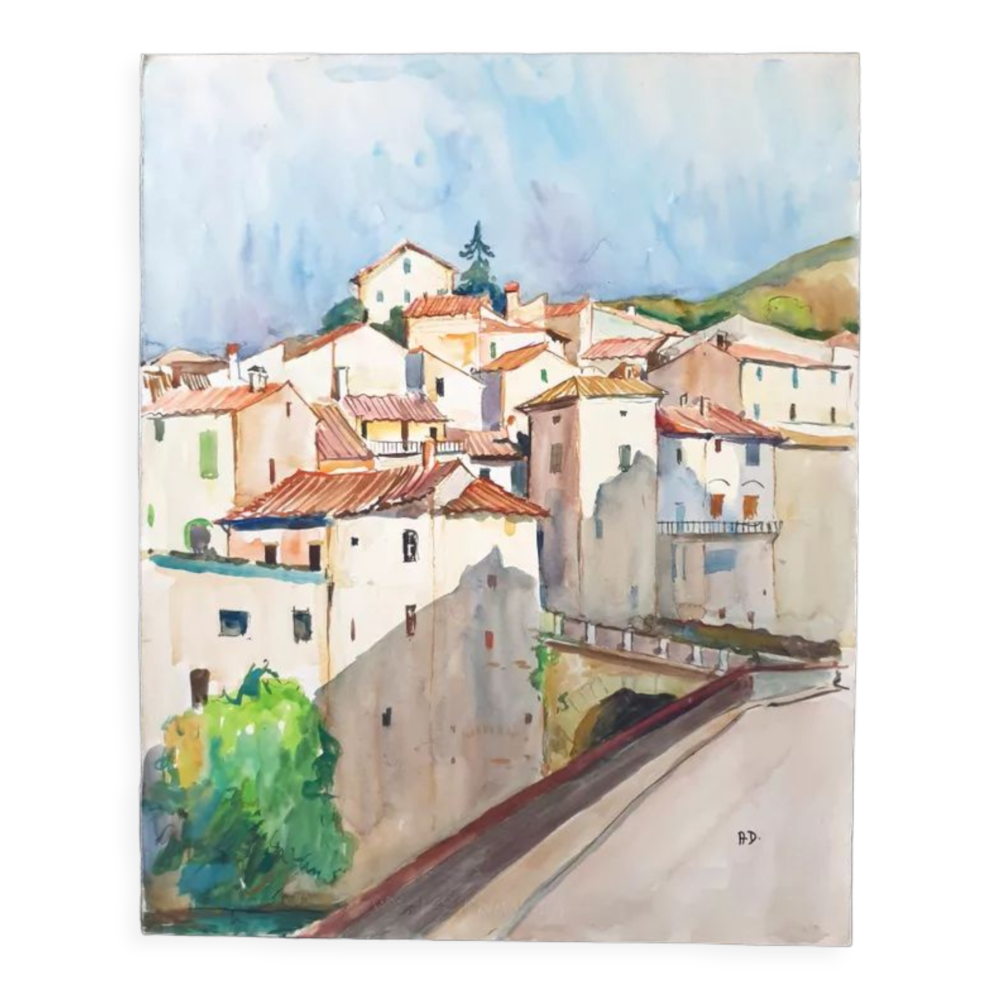 André Duculty (1912-1990) Watercolor on paper "Mediterranean Landscape" Monogrammed lower right