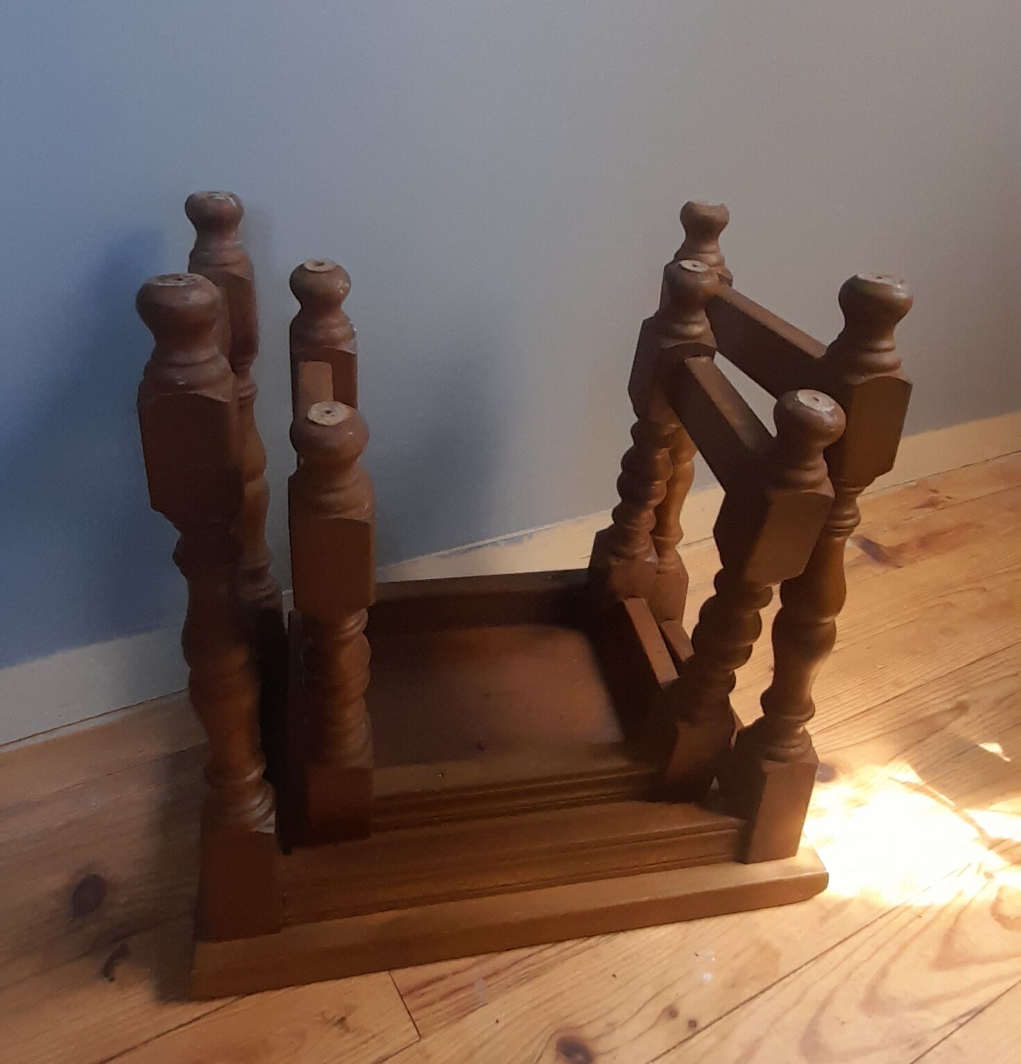 2 solid wood trundle tables, turned legs 80