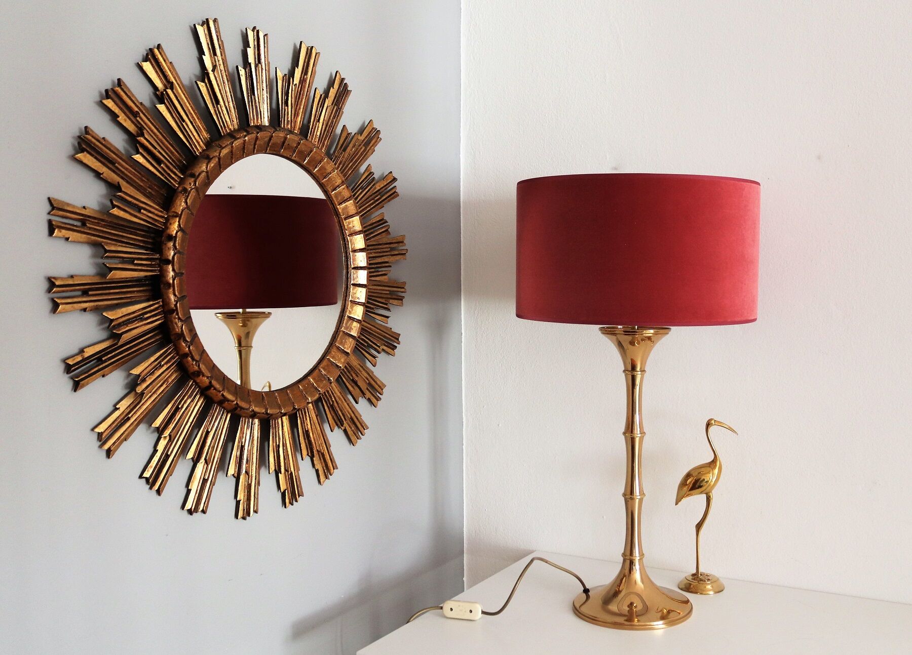 Brass bamboo table lamp by Ingo Maurer with velvet lampshade, 1960
