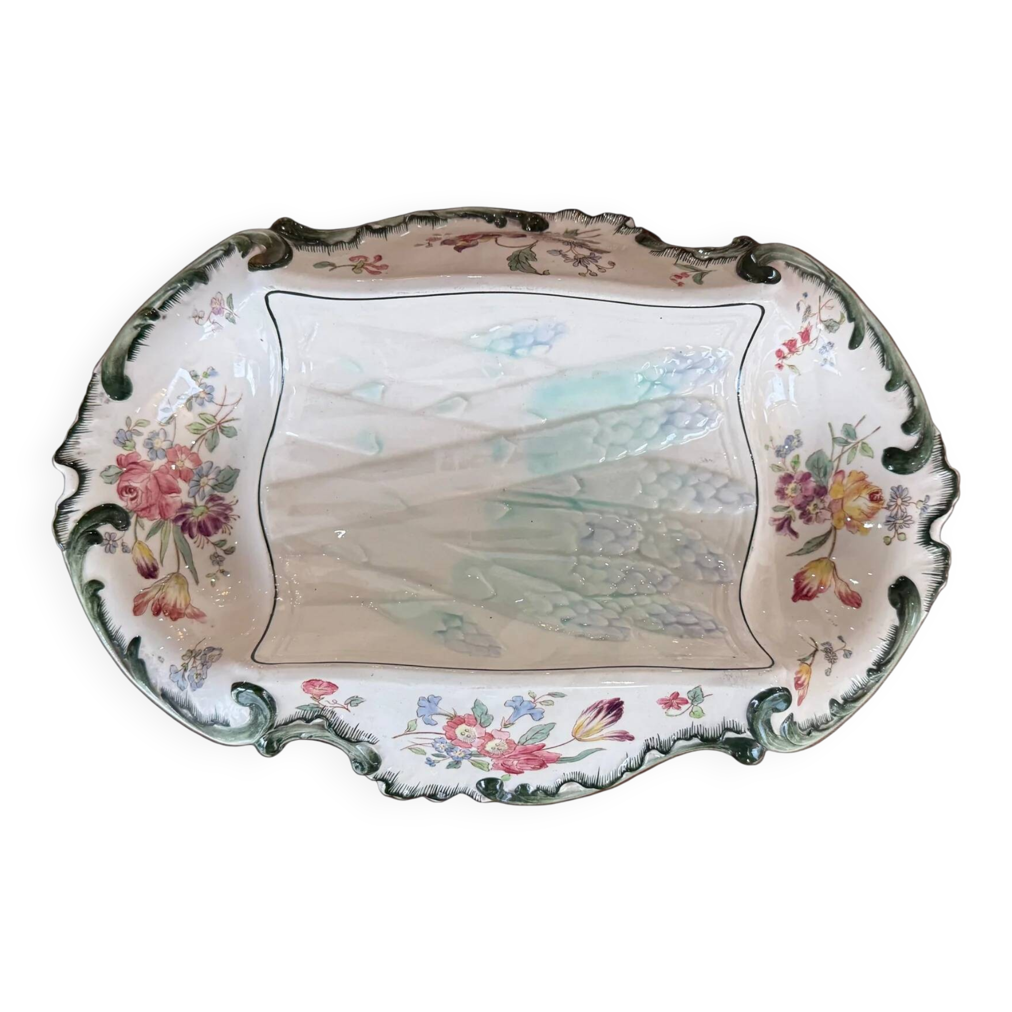 Old Longchamps plate Terre de Fer – Model 1428 – Floral decoration & asparagus in relief – 39 x 23 cm