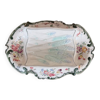 Old Longchamps plate Terre de Fer – Model 1428 – Floral decoration & asparagus in relief – 39 x 23 cm