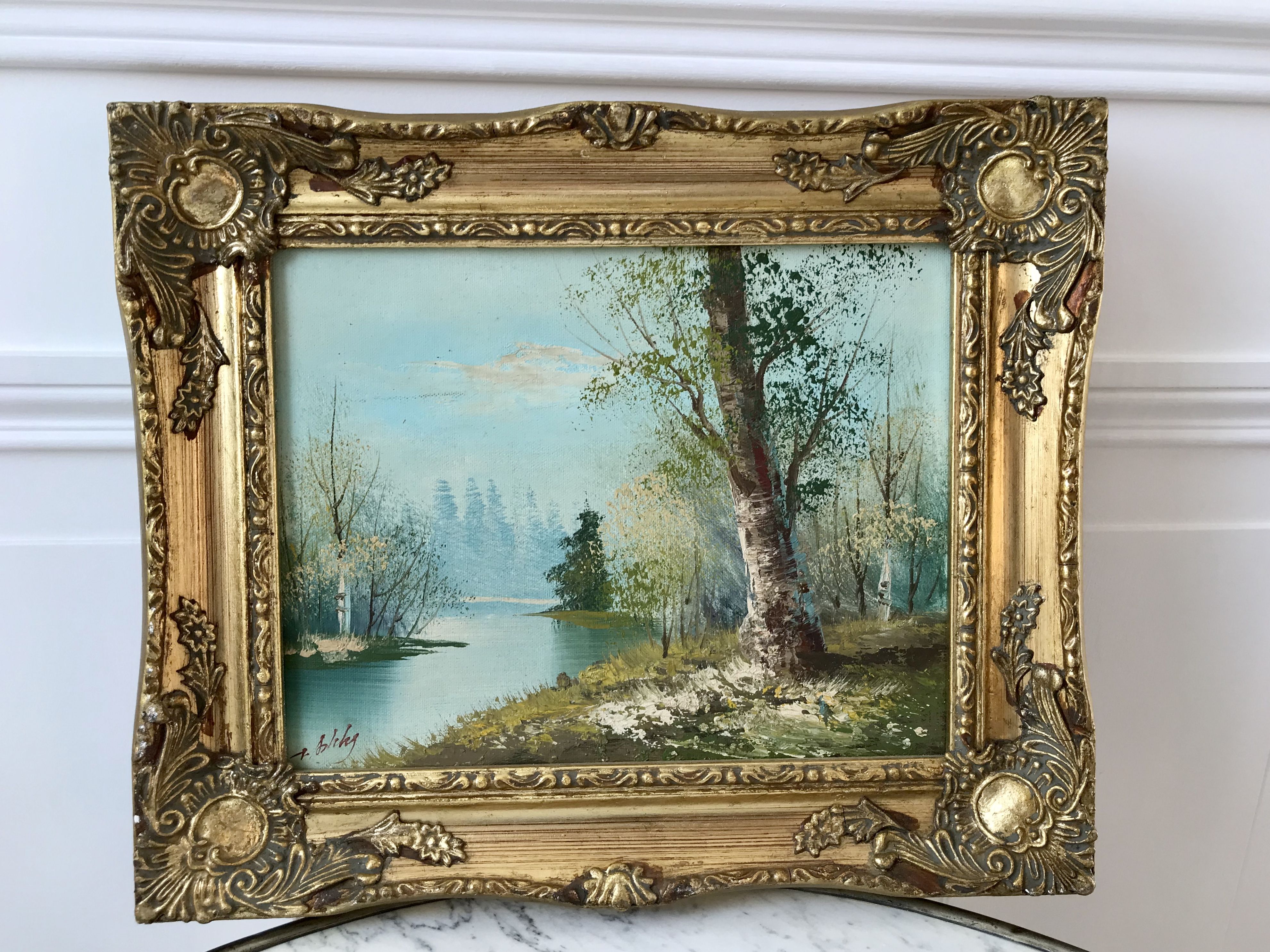 painting oil on canvas landscape river and forest frame wood signed years 40-50