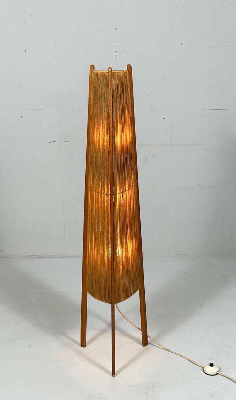 Mid-century floor lamp, sisal/teak wood, Temde, Switzerland, 1960s.