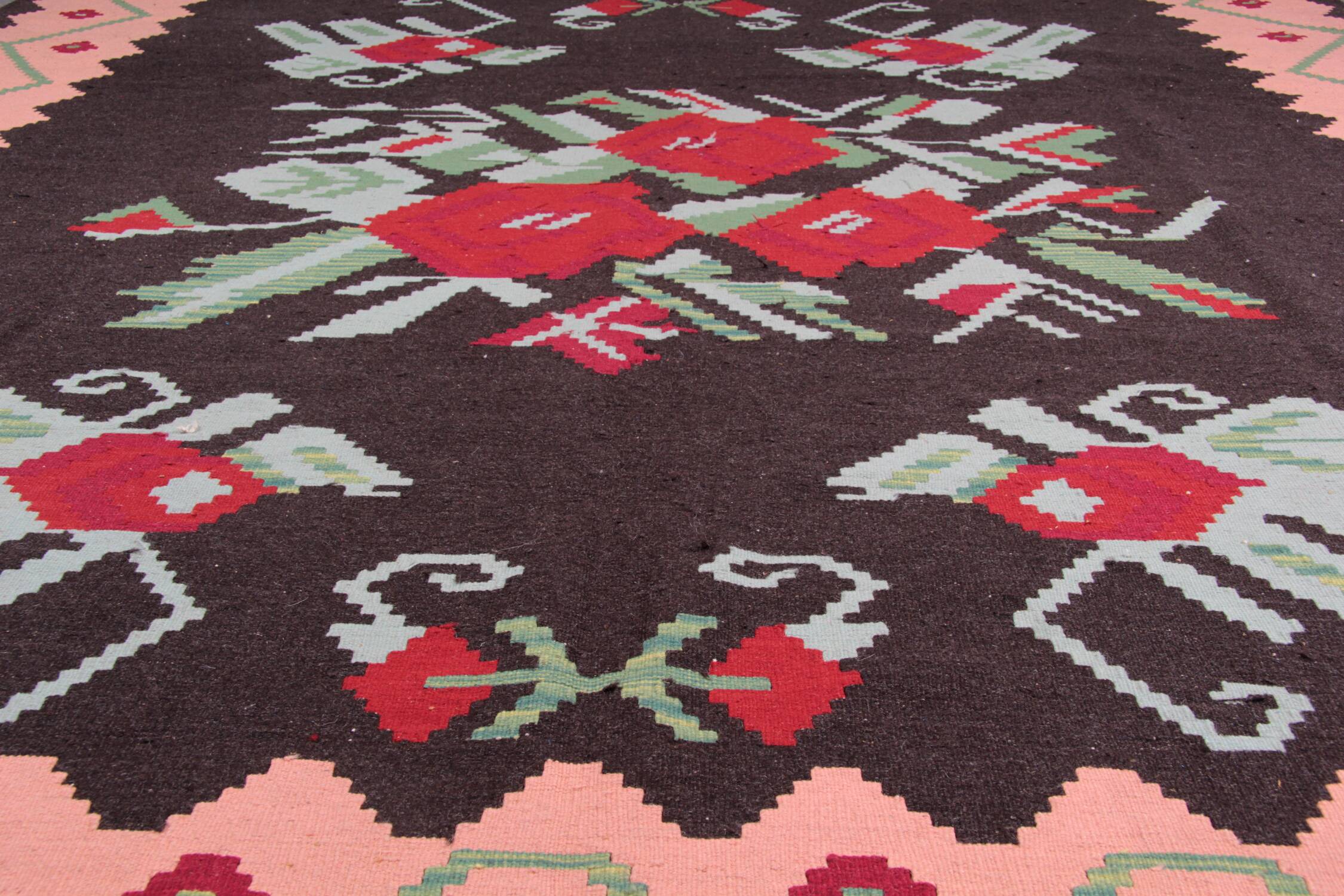 Tapis Kilim moldave en laine, grand motif floral tissé à plat, art populaire, 306 x 242 cm